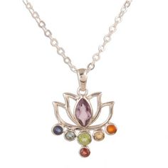 Representing the seven chakras or energies of the body faceted gemstones of carnelian citrine peridot blue topaz sapphire and garnet accentuate a marquise amethyst. Chintan presents this Indian pendant necklace crafted with high-polish sterling silver openwork in the shape of a lovely lotus flower. Holistic Multicolor Gemstone Necklace, Multicolor Spiritual Birthstone Jewelry, Spiritual Multicolor Birthstone Jewelry, Spiritual Multicolor Amethyst Crystal Necklaces, Multicolor Amethyst Spiritual Necklace, Spiritual Amethyst Multicolor Necklace, Spiritual Multicolor Amethyst Necklace, Crystal Jewelry Ideas, Indian Pendant