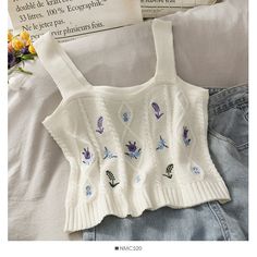 This Floral Tank Top is perfect for the summer. With its delicate embroidery and ribbed texture, it adds elegance to your look. Its slim knitted design ensures a comfortable fit for all. Floral Embroidery Top, Cottagecore Top, Knitted Crop Tank Top, Summer Sweater, Vintage Tank, Short Vest, Summer Sweaters, Embroidery Top, Floral Knit