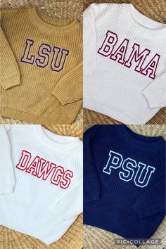 The perfect gift for any expecting sports fans. These are fully custom and can be made for any sport/team. Any word or team name can be used, shorter words tend to look best as I can make the letters larger, so under 8 characters is preferable. They also run a bit big/fit oversized so please order accordingly. These make a great gameday outfit or layering piece for cooler games and are adorable for pictures. I recommend washing on delicate and air drying to avoid any shrinking that may alter the Sporty White Sweater With Embroidered Logo, White Collegiate Sweatshirt With Custom Embroidery, White Tops With Letter Embroidery For Sports Season, Collegiate Game Day Winter Sweater, Collegiate Sweater For Game Day In Winter, White Embroidered Logo Sweatshirt For Game Day, Collegiate White Tops With Custom Embroidery, White Collegiate Top With Custom Embroidery, White Embroidered Top For Game Day