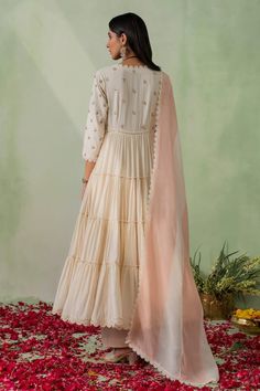 Buy VARUN CHHABRA Ivory Zari Embroidered Tiered Anarkali Set Online | Aza Fashions Ivory Anarkali, Cotton Dupatta, Designer Party Wear Dresses, Lace Hem, Party Wear Dresses, Color Ivory, Embroidered Lace, Set For Women, Anarkali