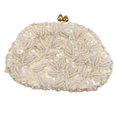 White sequined and seed beads change purse with a gold frame and kiss lock closure. Imported from Hong Kong by K Gimbel in the 1970's. Satin interior. Features: * Cocktail * Sequined * Made in Hong Kong Size: Womens Small Measurements: Length 3.75 in / 10 cm Width 2.75 in / 7 cm Condition: Pre-Owned Good Excellent condition. All sequins seem to be intact. Clean inside and out. Snaps closed tight.  G1D110623 Copper Christmas, Purse White, Change Purse, Coin Purses, Purse Pouch, Vintage Copper, Gold Frame, Seed Beads, Hong Kong