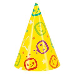 a yellow party hat with cartoon faces on it's side and stars around the edges