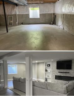 before and after pictures of an unfinished basement