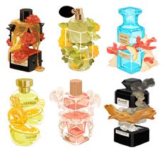 four different perfume bottles are shown in this illustration