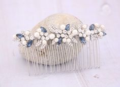 Bridal Hair Comb, Crystal Bridal Clip, Bridal Comb Crystal, Wedding Crystal Hair Comb, Hair Comb, Wedding Accessory, Navy blue Pearl Clip This beautiful Clear rhinestone and Montana Crystal hair comb is a perfect compliment for the wedding party and can easily fit into any hair style. The Rhinestone part measured approximately 3.75 X 1 inches. Tone color: - Silver tone - Gold tone - Rose gold tone Finish Style: - Finish hair comb Pearl color: - Swarovski white pearl - Swarovski ivory pearl - Fre Navy Blue Wedding Hair Accessories, Blue Hair Piece Wedding, Wedding Hair Comb Side, Light Blue Wedding Hair Accessories, Blue Hair Pins For Wedding, Short Hair Blue, Sapphire Hair Comb, Blue Wedding Hair, Accessories Pearl