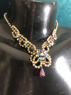 Vintage Juliana Aurora Borealis Rhinestone Necklace - Etsy Party Jeweled Rhinestone Necklace, Party Rhinestone Jeweled Necklace, Costume Jewelry With Rhinestones For Gifts, Elegant Multicolor Rhinestone Necklace With Bling, Glamorous Multicolor Jewelry As Gift, Glamorous Jeweled Rhinestone Necklace As Gift, Dazzling Jeweled Jewelry For Evening, Multicolor Crystal Jewelry For Evening, Jeweled Crystal Rhinestone Necklace As Gift