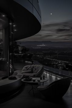 a living room filled with furniture under a night sky