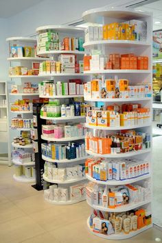 the shelves are filled with many different types of medicine