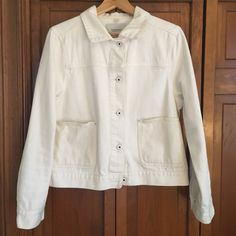 Beautiful White/Cream Denim Chore Coat With Moon Phase Embroidery On The Underside Of Each Sleeve. Additional Butterfly Patch On Back Left Shoulder. Button Up. Two Large Front Pockets Made Of An Off-White Denim. Grommet And Embroidery Details Throughout The Jacket From Scotch & Soda, Nyc, Circa 2017. Denim Utility Jacket, Jacket With Embroidery, Butterfly Patch, Chore Coat, Scotch Soda, Embroidery Details, Utility Jacket, White Denim, White Cream