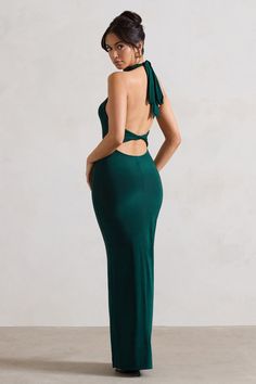 Dress With Back Detail, Green Maxi Dress, Halter Neck Maxi Dress, Black Dress Prom, Black Tie Gala, Party Dress Long Sleeve, Green Maxi, Christmas Party Dress, Bridesmaid Outfit