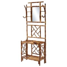 a bamboo shelf with mirror and stool