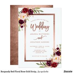 a wedding card with burgundy and white flowers on the front, in gold foil lettering