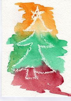 a watercolor christmas tree is shown in red, green, and orange colors on white paper