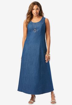 Feminine stretch denim shaped with princess seams. Back zip. Average: 56" length Petite: 54" length Tall: 59" length Cotton/poly/spandex Long Denim Dress, Maxi Dress Plus Size, Denim Maxi Dress, Denim Maxi, Plus Size Maxi, Princess Seams, Ladies Of London, Plus Size Maxi Dresses, Dress Plus Size