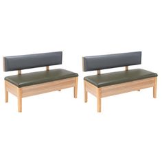 two wooden benches sitting next to each other on top of a white floor with black leather seats