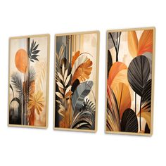 three paintings hanging on the wall with different colors and shapes, each featuring leaves in various sizes