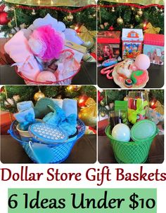 several pictures of different baskets and gifts in front of a christmas tree