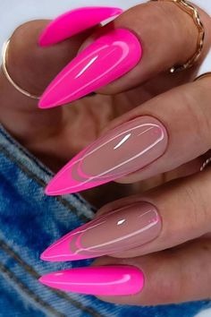 Bright French Nails, Bright Pink Nails, Pink Nail Colors, Pink Nail Designs, Pink Nail, Pink Acrylic Nails