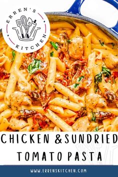 chicken and sundried tomato pasta in a skillet with the title overlay