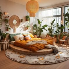 a bedroom with lots of potted plants in the window sill and round bed