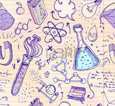 science doodles on lined paper with blue ink, including flasks and beakets