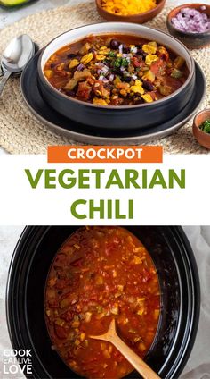 the crockpot vegetarian chili is ready to be eaten