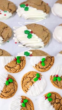 cookies decorated with white icing and green leaves on top, next to the same cookie