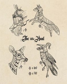 an old fashioned drawing of four animals with hats and scarves