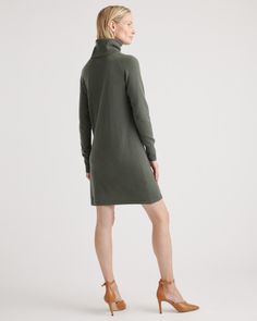 Keep cozy in this effortless cashmere turtleneck sweater dress. Cut from the softest Grade A cashmere, it comes in a relaxed yet slim fit That is both flattering and comfy. A black turtleneck sweater dress should be in every closet. Yours should be cashmere.  | Quince | Women's Mongolian Cashmere Turtleneck Sweater Dress in Moss, Size Small Fitted Cashmere Sweater Dress For Fall, Cashmere Sweater Dress For Work In Fall, Chic Cashmere Sweater Dress For Work, Casual Turtleneck Sweater Dress For Work, Fall Turtleneck Sweater Dress, Black Turtleneck Sweater Dress, Black Minimal, Black Turtleneck Sweater, Turtleneck Dress