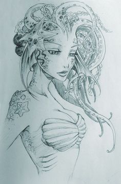 a drawing of a woman with tattoos on her arm and chest, in front of a cell phone screen