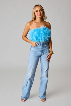 BuddyLove Fancy Strapless Feather Crop Top - Azure Blue Fall Party Tops With Feather Trim, Feather Trim Tops For Fall Party, Chic Blue Tube Top For Party, Chic Feathered Tops For Fall, Trendy Feather Trim Tops For Spring, Blue Tube Top For Spring Party, Glamorous Feather Trim Top For Night Out, Glamorous Party Top With Feather Trim, Spring Night Out Tops With Feather Trim