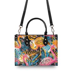 Looking for a standout handbag that's both vintage and modern? Our Tropical Flamingo Mid Century Modern Satchel is the perfect combo of retro and contemporary. Featuring a playful flamingo print and classic mid century modern style, this satchel is sure to turn heads. Premium PU Leather: Crafted from high-quality PU leather for durability and style. Versatile Sizing: Available in three sizes to suit your needs and preferences. Sturdy Top Handles: Features two sturdy top handles. Practical Strap: Removable and adjustable strap for different style options. Care Instructions: Regular wiping is recommended with cold water and a wet cloth. As this bag is crafted from premium PU leather and handmade, it may have a slight new material scent when first received. Simply leave it in the air for 2-3 Tropical Style Multicolor Tote Shoulder Bag, Retro Tote Bags With Gold-tone Hardware, Vintage Hand Painted Rectangular Bag, Flamingo Purses Handbags, Tropical Multicolor Tote Bag, Flamingo Print, Painted Shoes, Mid Century Modern Style, Adjustable Straps