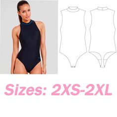 Delightful One-Piece Swimsuit Pattern. Sleeveless bodysuit with high neck. This thong bodysuit perfectly blends fashion and functionality. It features a sleeveless design with a high neck and a snap closure at the crotch for secure wear. With sizes ranging from 2XS to 2XL, finding your perfect fit has never been easier. Features: - Classic one-piece design for timeless appeal. - Flattering silhouette that accentuates curves. - Size range from 2XS to 2XL. - Versatile pattern suitable for various High Stretch Halter Neck Bodysuit For Swimming, High Stretch Halter Neck Bodysuit With Lined Body, Halter Neck High Stretch Bodysuit With Lined Body, Swimsuit Sewing Pattern, Swimsuit Pattern Sewing, Swimwear Pattern, Swimsuit Pattern, Sleeveless Bodysuit, Sewing Pattern Sizes