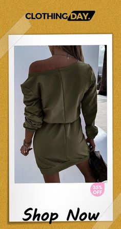 Dew Shoulder Belted Long Sleeve Mini Dress Knee-length Solid Color Mini Dress For Fall, Solid Color Knee-length Mini Dress For Fall, Long Sleeve Solid Color Dress For Day Out, Casual Long Sleeve Mini Dress For Day Out, Solid Mini Dress With Pockets For Fall, Fall Knee-length Mini Dress With Pockets, Casual Solid Color Bodycon Dress For Fall, Casual Long Sleeve Bodycon Dress For Day Out, Khaki Dress For Fall