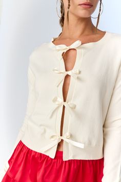 Cora Bow Cardigan- Loose Fit- Regular Length - Bow Tie Detailed- Light Weight Knit Elegant Stretch Fine Knit Cardigan, Elegant Stretch Knit Cardigan, Cream Stretch Cardigan For Layering, Spring Fine Knit Stretch Cardigan, Spring Stretch Fine Knit Cardigan, Elegant Knit Sweater For Daywear, Elegant Knit Sweater, Spring Stretch Cardigan For Daywear, Cream Knit Cardigan For Daywear