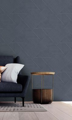 geometric lines wallpaper Statement Wall Wallpaper, Dining Room Wallpaper Accent Wall, Wood Wallpaper Bedroom, Bedroom Wallpaper Accent Wall, Navy Blue Walls, Stripe Wallpaper, Stripes Wallpaper, Wallpaper Accent Wall, Wall Bedroom