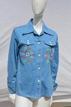 "in Excellent condition, denim no tags machine embroidery cotton about a size M to small measures: 16\" shoulder seam to shoulder seam 19\" across the chest 19\" *: across the waist 25\" long 22\" long sleeves the cuff may be tight is 9\" diameter" Hippie Jacket, 70s Denim, Jacket Blouse, Lavender Blouse, Versace Couture, Mesh Blouse, Embroidery Cotton, Embroidery Floral, Yellow Blouse