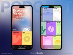 two iphones with the same color scheme as they appear in this graphic design for an app