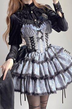 Gothic Victorian Dresses Short, Goth Lolli Style Dress, Goth Outfits Dress, Gothic Dress Outfit, Cool Cosplay Ideas, Goth Lolitas, Gothic Dress Short, Blue And Black Outfit, Gothic Fashion Dresses