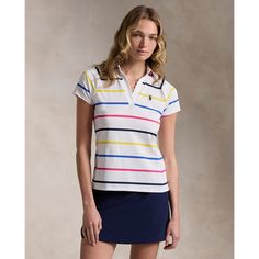 Crafted from stretch jersey this striped Polo shirt is designed with a scalloped split neckline and raglan sleeves. It’s finished with our printed “RLX” logo and signature embroidered Pony. Short Sleeve Tops With Signature Stripes For Spring, Spring Short Sleeve Tops With Signature Stripes, Summer Polo Collar Top With Vertical Stripes, White Polo Shirt With Contrast Stripes For Spring, Striped Fitted Cotton Polo Shirt, White Polo Shirt With Striped Collar For Spring, Fitted Striped Cotton Polo Shirt, Spring White Polo Shirt With Striped Collar, Fitted Cotton Tops With Signature Stripes