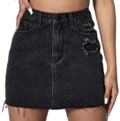 High Waist Skirt With Frayed Hem, Fitted High Waist Mini Skirt With Frayed Hem, High Waist Stretch Mini Skirt With Frayed Hem, Black Stretch Denim Skirt, Edgy Dark Wash High Waist Skirt, Edgy High Waist Dark Wash Skirt, Fitted Black Denim Skirt, Spring High Waist Black Denim Skirt, Black Fitted Mid-rise Skirt