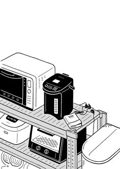 a black and white drawing of microwaves on a shelf