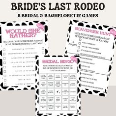 the bride's last rodeo game is shown with black and white cheetah printables