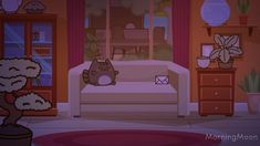 a cartoon cat sitting on top of a couch in a living room next to a potted plant