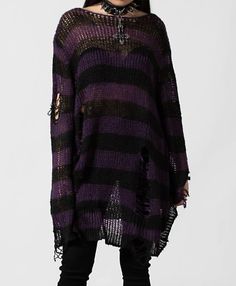 Trendy Fashion Killstar Graph Knit Sweater Distressed Goth Alternative Grunge Punk KSRA005938, Fashion Women's Sweaters School Sweater, Plus Size Pullover, Style Gothic, Distressed Sweaters, Stripe Outfits, Grunge Look, Long Pullover, Plus Size Sweaters, Loose Sweater