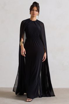 Envy | Black Gathered Maxi Dress With Chiffon Cape Gathered Maxi Dress, Chiffon Cape, Midi Bridesmaid Dress, High Neck Maxi Dress, Modest Maxi, Black Dress Prom, Black Tie Gala, Party Dress Long Sleeve, Bridesmaid Outfit