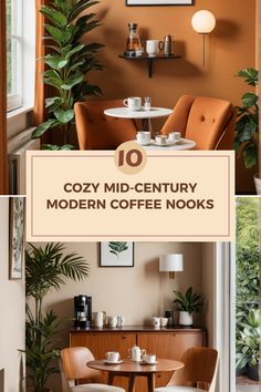 A set of two images showcasing mid-century modern coffee nooks featuring terracotta walls, plants, and stylish wooden furniture in a cozy atmosphere. Coffee Nook Ideas, Terracotta Walls, Wooden Shelving, Marble Tables, Lush Plants, Unique Marble