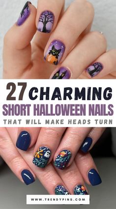 27 Adorable Short Halloween Nails To Steal The Spotlight 2 Spooky Halloween Gel Nails, Simple Halloween Nail Art Short Nails, Halloween Boho Nails, Halloween Gel Nail Designs For Short Nails, Short Hollowed Nails, Halloween Nail Designs For Short Nails, Colorful Fun Nails, Halloween Dip Nails Ideas Short, Halloween Nails Natural Short