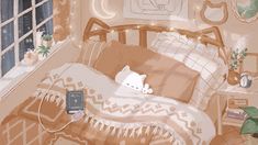 a painting of a cat laying on a bed in front of a window with lights