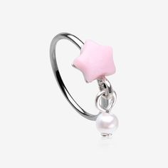 Kawaii Pop Fluffy Star Pearlescent Dangle Bendable Hoop Ring-Pink/White Pink Peircings, Star Daith Piercing, Pink Star-shaped Kawaii Jewelry, Playful Pink Jewelry With Star Charm, Trendy Pink Jewelry With Star Charm, Trendy Pink Star-shaped Jewelry, Pink Star Charm Jewelry, Cute Pink Jewelry With Star Charm, Piercings Smiley